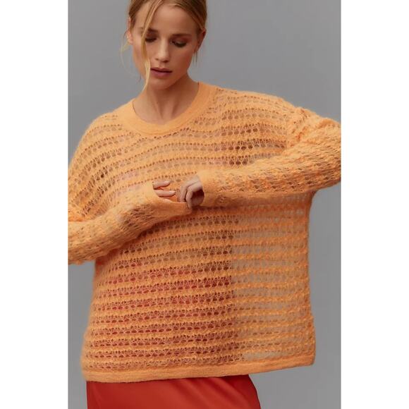 By Anthropologie Open Stitch Pullover Sweater Wool Orange Peach XS Oversized - Picture 1 of 8